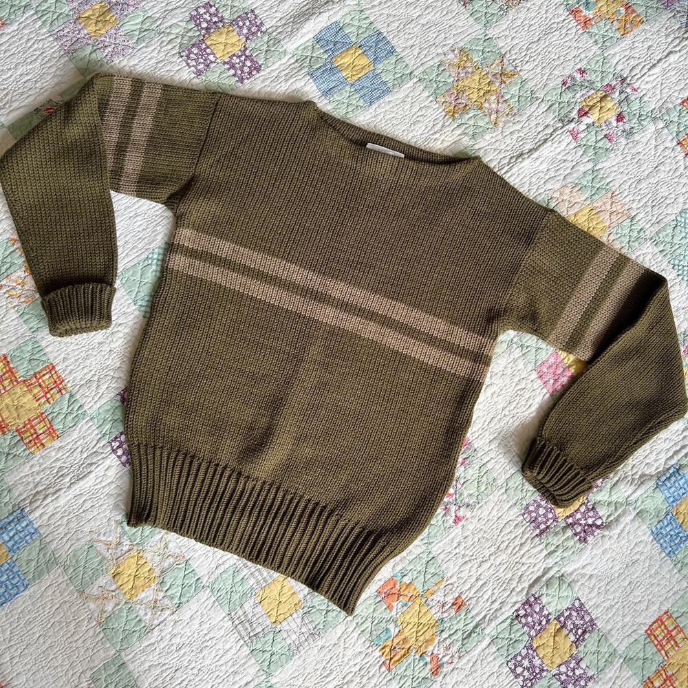 Vintage 80s/90s Olive + Taupe Stripe Preppy Heritage Chunky Knit Rugby Sweater M